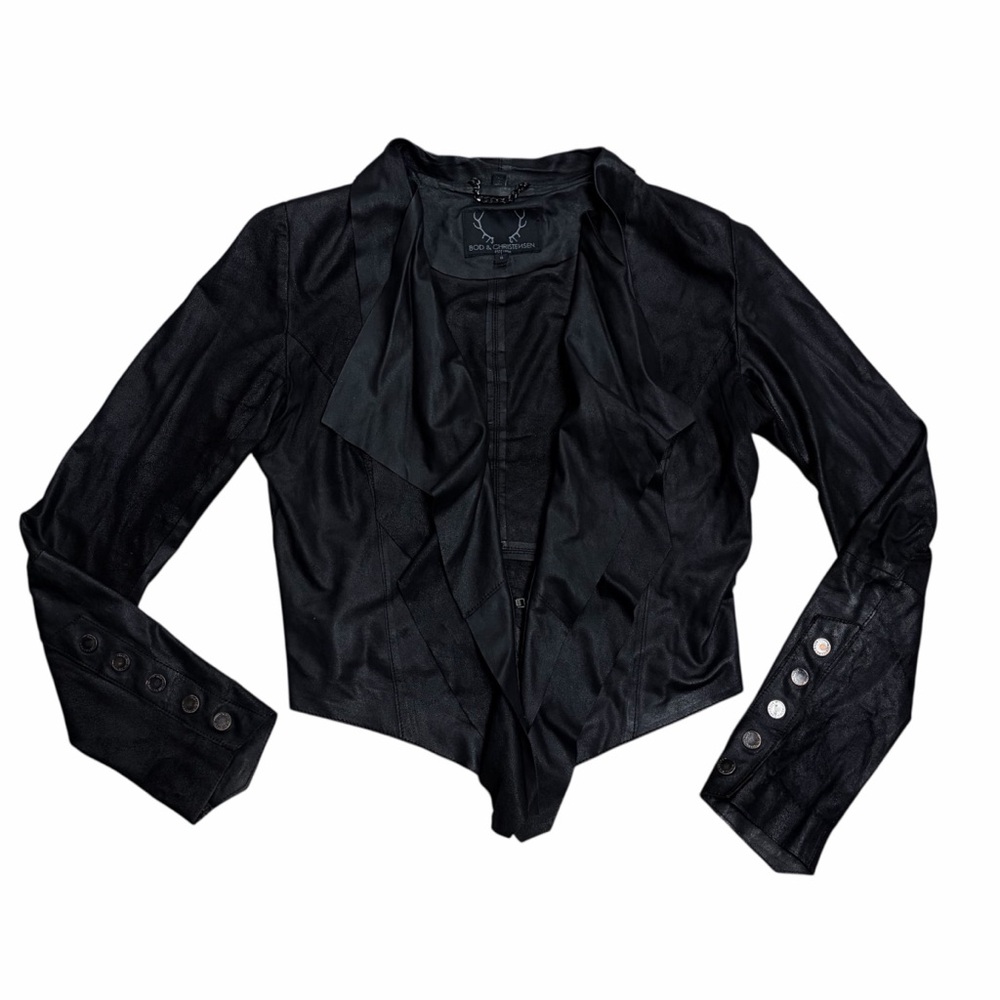 Bod & Christensen Black Leather Draped Open Front Cropped Jacket Womens Size 8